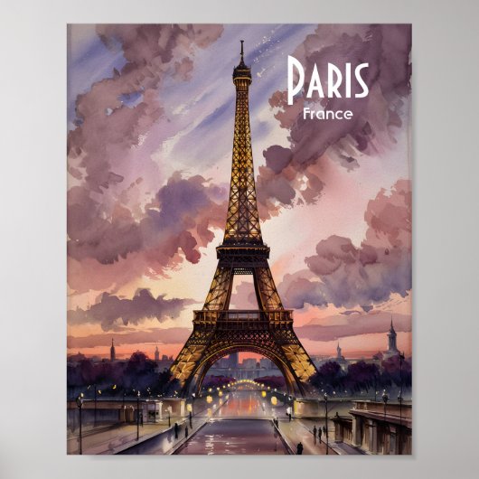 Paris Eiffel Tower Twilight Watercolor Custom Text Poster (Voorkant)