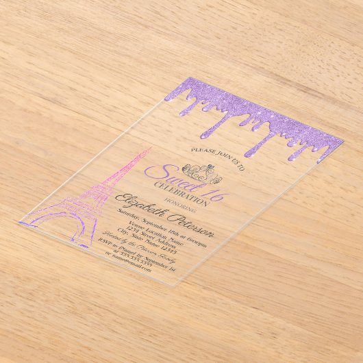 Paris Eiffel Tower, Violet Drips Sweet 16 Acryl Uitnodigingen (Laagn)