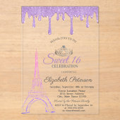 Paris Eiffel Tower, Violet Drips Sweet 16 Acryl Uitnodigingen (Voorkant)