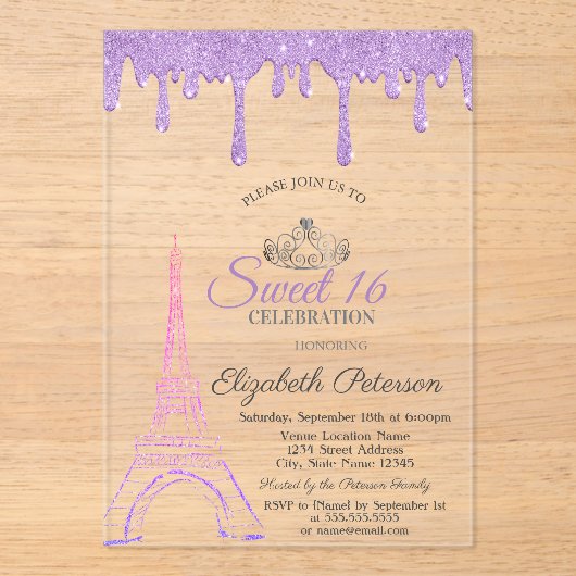 Paris Eiffel Tower, Violet Drips Sweet 16 Acryl Uitnodigingen (Voorkant)