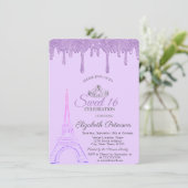 Paris Eiffel Tower, Violet Drips Sweet 16 Kaart (Staand voorkant)