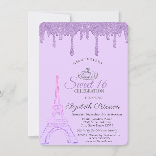 Paris Eiffel Tower, Violet Drips Sweet 16 Kaart (Voorkant)