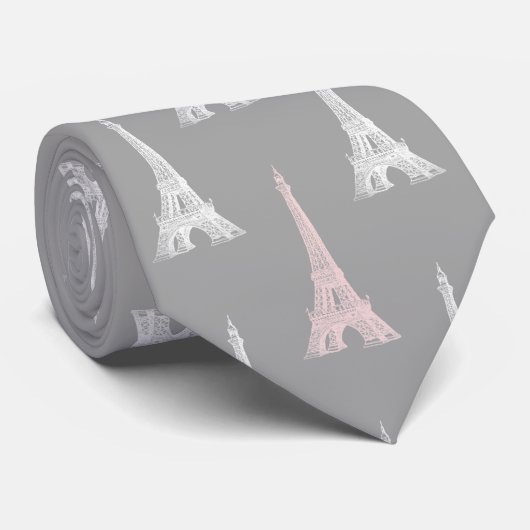 Paris Eiffel Tower White Pink Grey Stropdas (Opgerold)