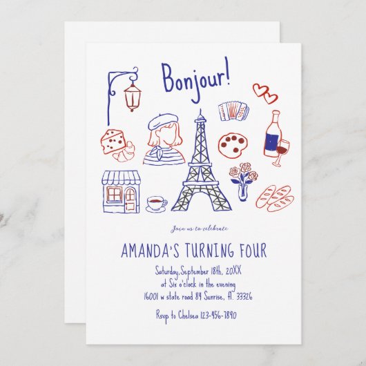 Paris Eiffel Verjaardag Hand getrokken uitnodiging (Voorkant / Achterkant)