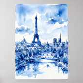 Paris Eiffeltoren Blauwe Aquarel Poster | Frankrij (Voorkant)