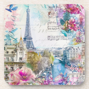 Paris Eiffeltoren Bloemen Collage Travel Art Bier Onderzetter