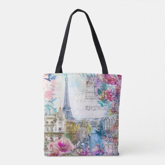 Paris Eiffeltoren Bloemen Collage Travel Art Tote Bag (Achterkant)