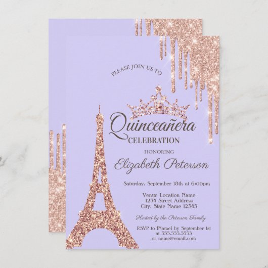 Paris Eiffeltoren, Drip Lavander Quinceañera Kaart (Voorkant / Achterkant)