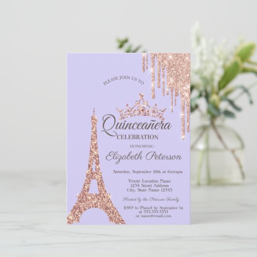 Paris Eiffeltoren, Drip Lavander Quinceañera Kaart (Staand voorkant)