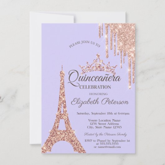 Paris Eiffeltoren, Drip Lavander Quinceañera Kaart (Voorkant)
