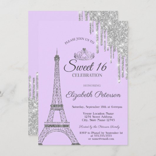 Paris Eiffeltoren, Drips, Light Paars Sweet 16 Kaart (Voorkant / Achterkant)
