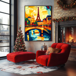 Paris Eiffeltoren en Brug in Abstract Fauvist stij Poster