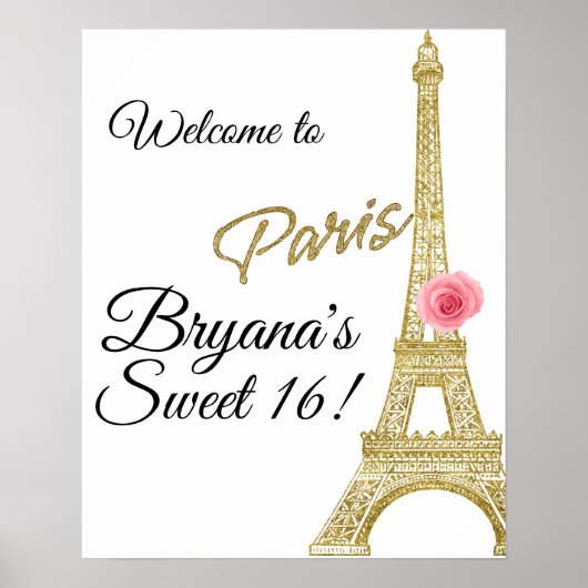 Paris Eiffeltoren Goud Glans Roze Roos Frankrijk Poster (Voorkant)