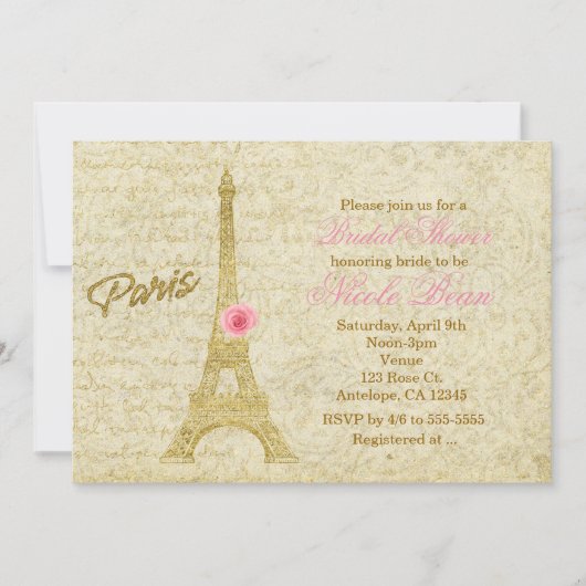 Paris Eiffeltoren Goud & Roze Elegante Uitnodiging (Voorkant)