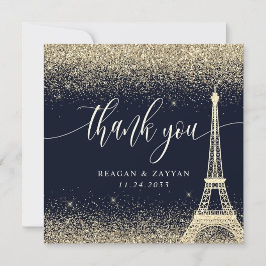 Paris Eiffeltoren Gouden Glitter Bruiloft Bedankkaart (Voorkant)