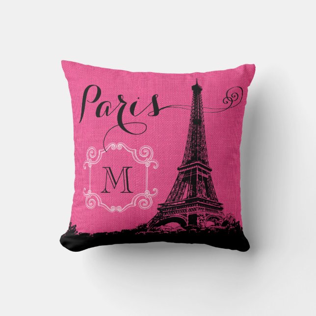 Paris Eiffeltoren heet roze monogram Kussen (Voorkant)