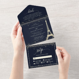 Paris Eiffeltoren Navy Goud Glitter Bruiloft All I In One Uitnodiging