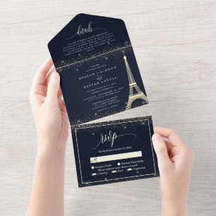 Paris Eiffeltoren Navy Goud Glitter Bruiloft All I In One Uitnodiging