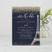 Paris Eiffeltoren Navy Goud Save The Date Kaart (Staand voorkant)