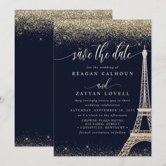 Paris Eiffeltoren Navy Goud Save The Date Kaart (Voorkant / Achterkant)