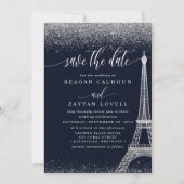 Paris Eiffeltoren Navy Zilver Save The Date Kaart (Voorkant)