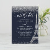 Paris Eiffeltoren Navy Zilver Save The Date Kaart (Staand voorkant)