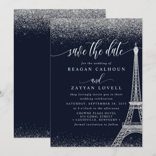 Paris Eiffeltoren Navy Zilver Save The Date Kaart (Voorkant / Achterkant)