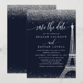 Paris Eiffeltoren Navy Zilver Save The Date Kaart