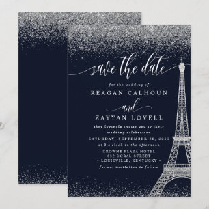 Paris Eiffeltoren Navy Zilver Save The Date Kaart