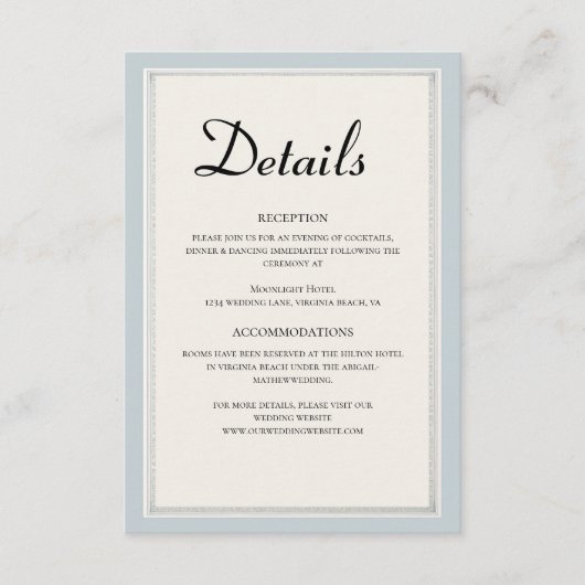 Paris Eiffeltoren Poeder Blauw Bruiloft Details Informatiekaartje (Voorkant)