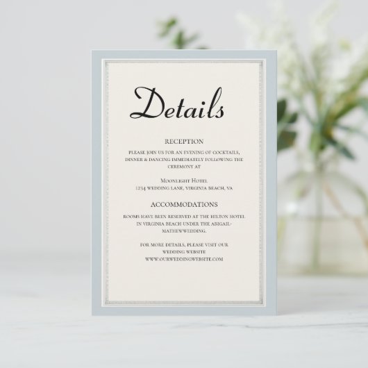 Paris Eiffeltoren Poeder Blauw Bruiloft Details Informatiekaartje (Staand voorkant)