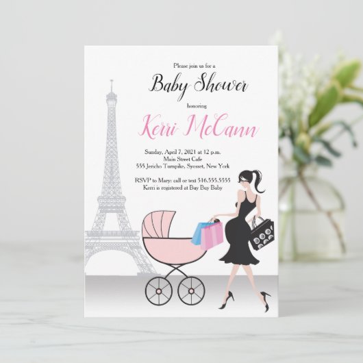 Paris Eiffeltoren roze Baby shower uitnodiging (Staand voorkant)