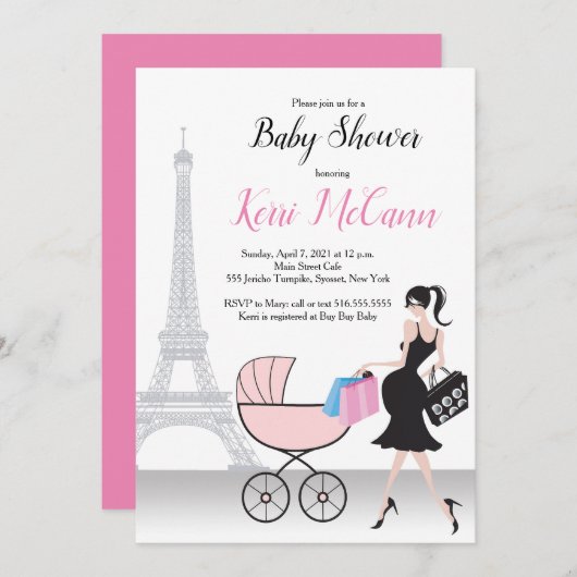 Paris Eiffeltoren roze Baby shower uitnodiging (Voorkant / Achterkant)