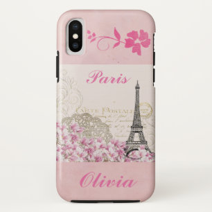 Paris Eiffeltoren Roze Bloemen Naam toevoegen Case-Mate iPhone Case