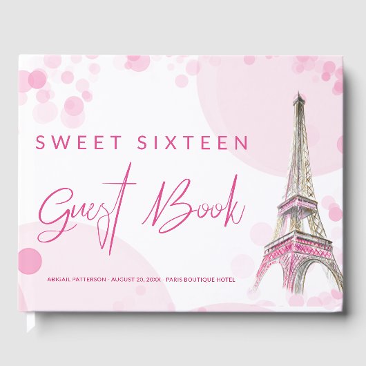 Paris Eiffeltoren Roze en Wit Mijn Zoete Zestien Gastenboek (Voorkant)
