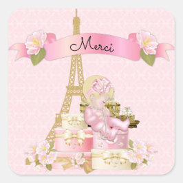 Paris Eiffeltoren Roze Goud Baby Meisje Blond Vierkante Sticker