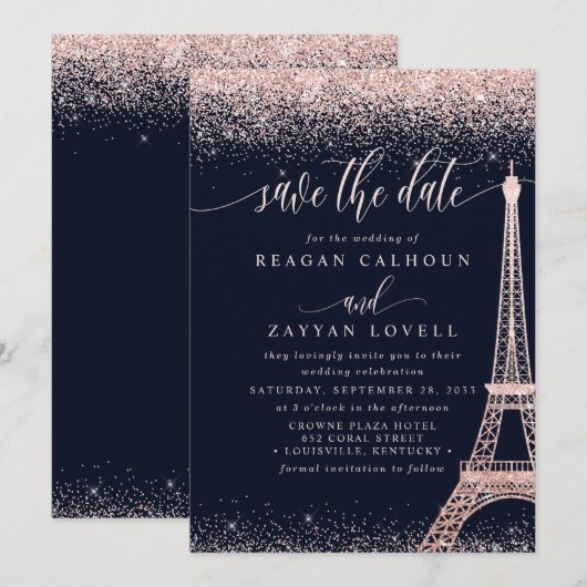 Paris Eiffeltoren Roze Goud Save The Date Kaart (Voorkant / Achterkant)