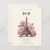 Paris Eiffeltoren & Roze Rozen Feest Bruiloft RSVP Kaart (Voorkant / Achterkant)