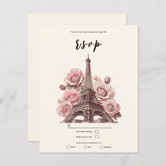 Paris Eiffeltoren & Roze Rozen Feest Bruiloft RSVP Kaart (Voorkant / Achterkant)