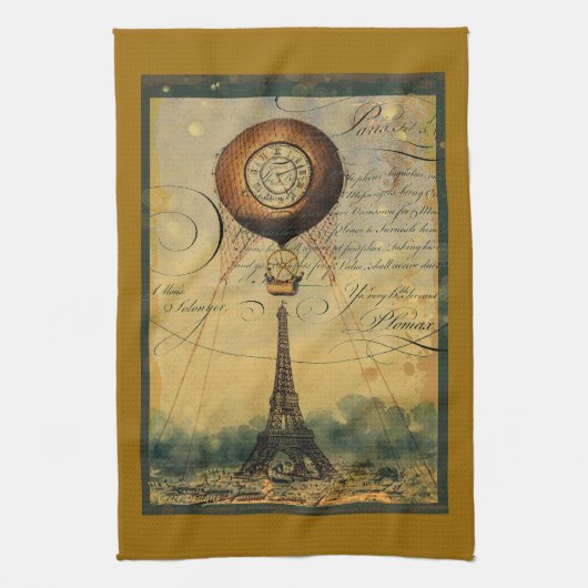 Paris Eiffeltoren Steampunk Hot Air ballon Theedoek (Verticaal)