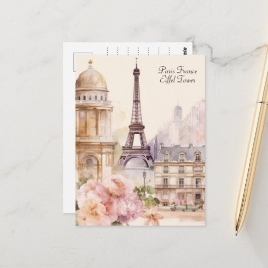 Paris Eiffeltoren  Waterverf Reizen Briefkaart (Voorkant / Achterkant in situ)