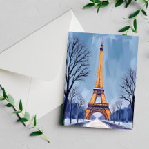 Paris Eiffeltoren Winter Sneeuw Aquarel Kaart