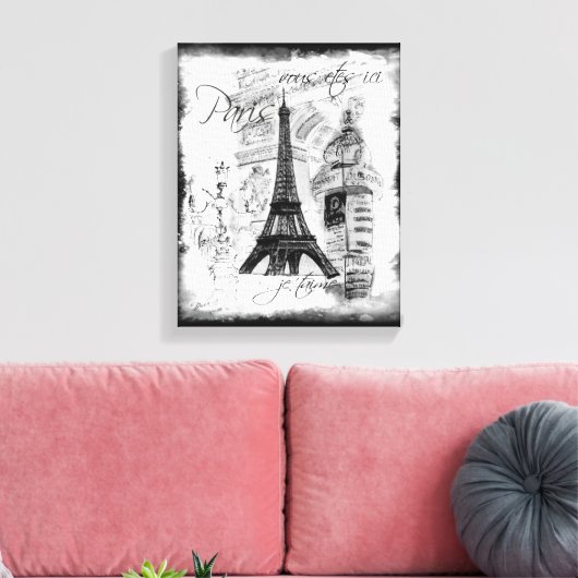 Paris Eiffeltoren Zwart & Wit Collage Scène Canvas Afdruk (Insitu (Woonkamer))