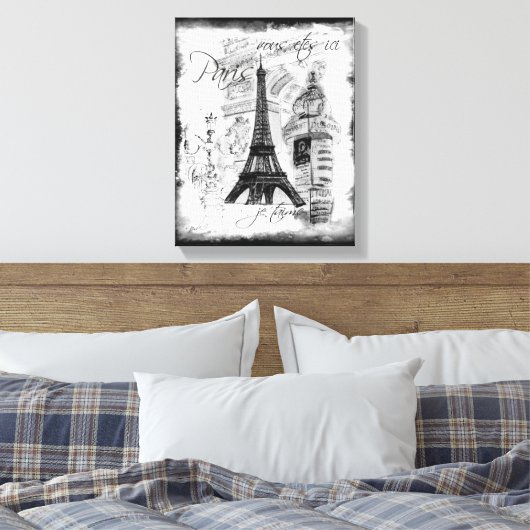 Paris Eiffeltoren Zwart & Wit Collage Scène Canvas Afdruk (Insitu (Slaapkamer))