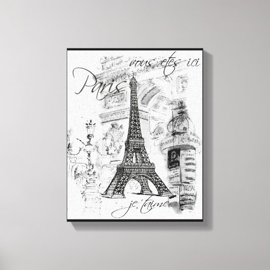 Paris Eiffeltoren Zwart & Wit Collage Scène Canvas Afdruk (Voorkant)