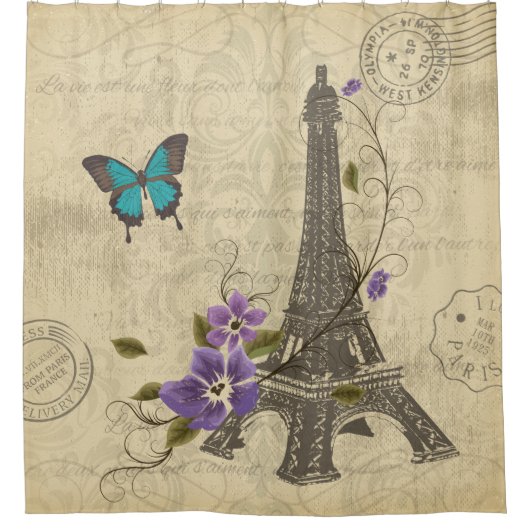 Paris Floral Eiffel Tower Butterfly Damask Douchegordijn (Voorkant)