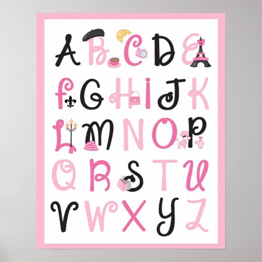 Paris France Alphabet A to Z op Light Pink Poster (Voorkant)