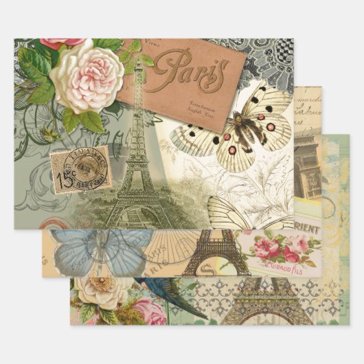 Paris France Antique Artwork Collage Eiffel French Inpakpapier Vel (Set)