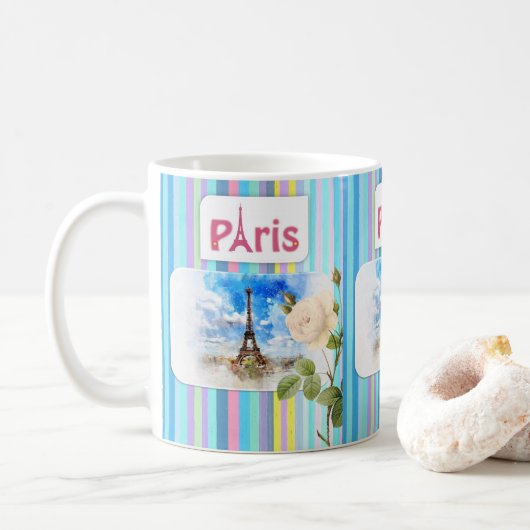Paris France Blue Stripe Mok (Met donut)