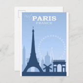 Paris France Blue Vintage Travel Briefkaart (Voorkant / Achterkant)